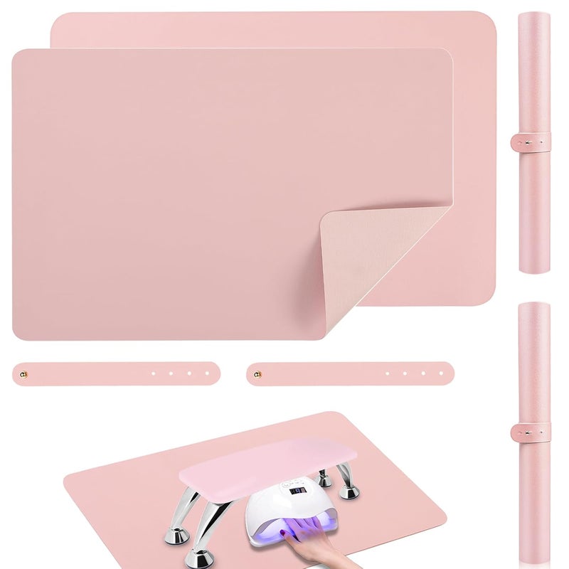 Chiplesier 2 PCS Nail Art Table Mat, Soft Microfiber PU Leather Nail Pad, Foldable Nail Art Rest Pad, Reusable Nail Mat for Table Desk, Acrylic Nail Desk Mat for Nail Cushion (Pink and Pink) - Image 1
